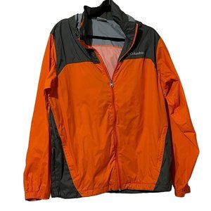 Columbia men’s sz M orange/gray pockets full zip roll up hood nylon windbreaker